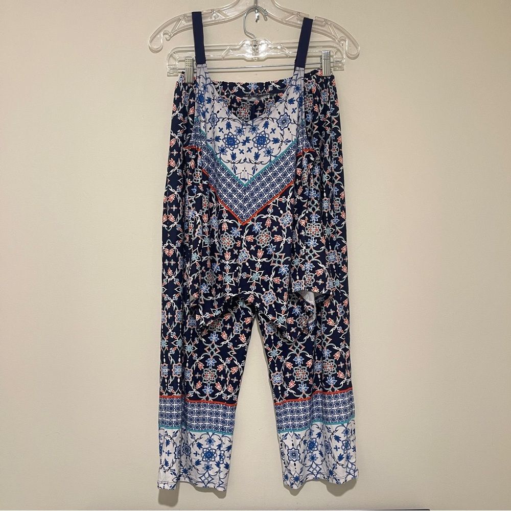 Linea Donatella Floral Patterned Pajama Set - Navy and White